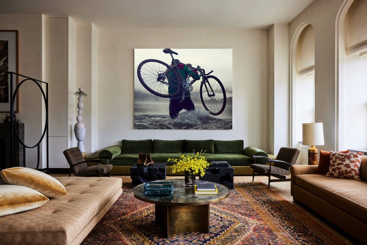 Detail shot from the 'The Road Stops' cyclocross cycling print showing the bespoke Elian Cyclocross bike - cycling wall art by Cyclingprints.nl