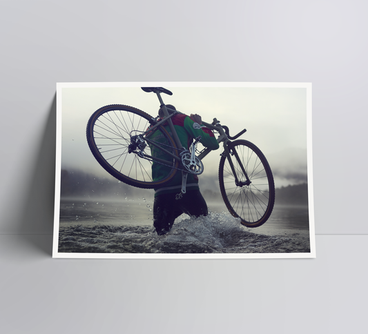 A road stops the bike doesn't - a cycling print.