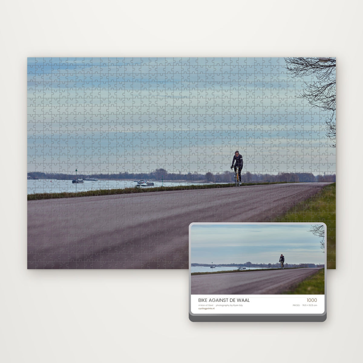 Bike Against de Waal – fietspuzzel van 1000 stukjes met branded cadeaublik, Ryan Edy