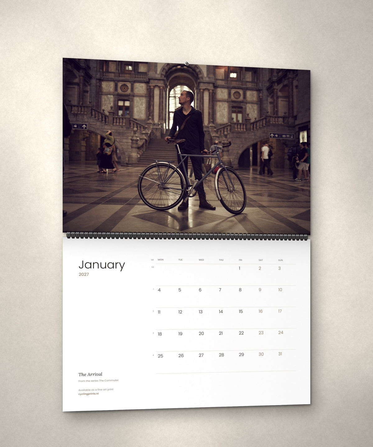 January 2027 – The Arrival, a page from The Commuter cycling photography wall calendar by Ryan Edy