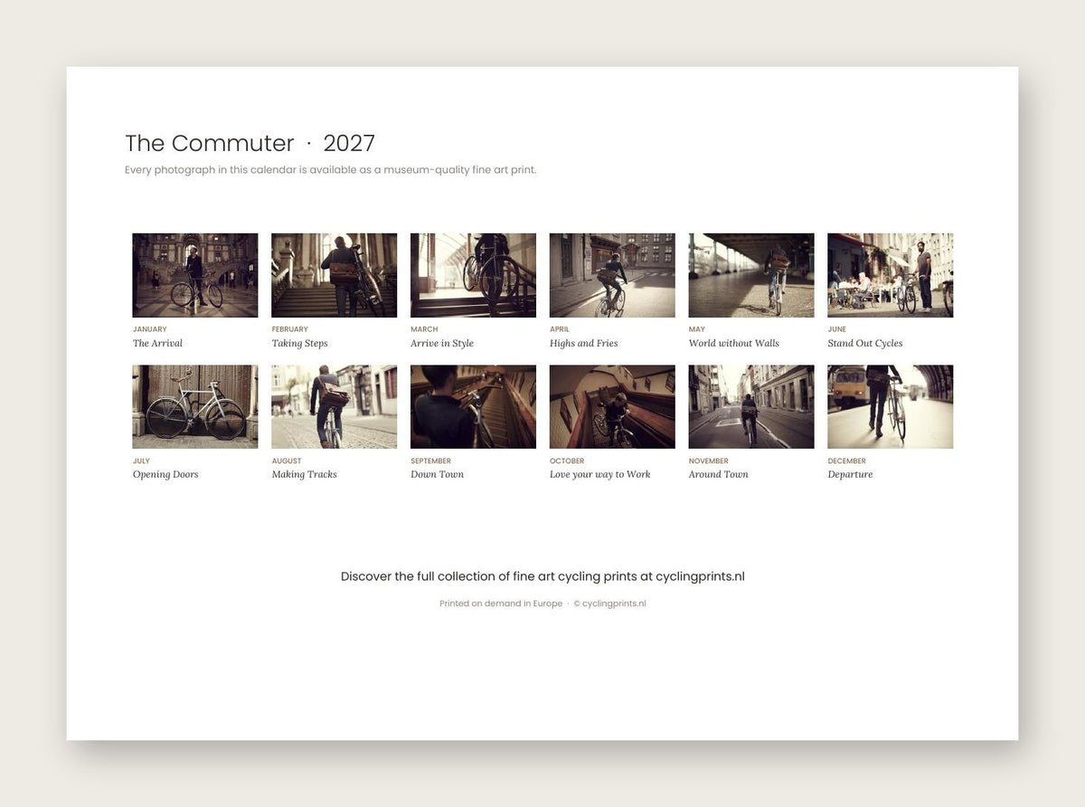 The Commuter 2027 cycling photography wall calendar by Ryan Edy – back cover with all twelve photographs