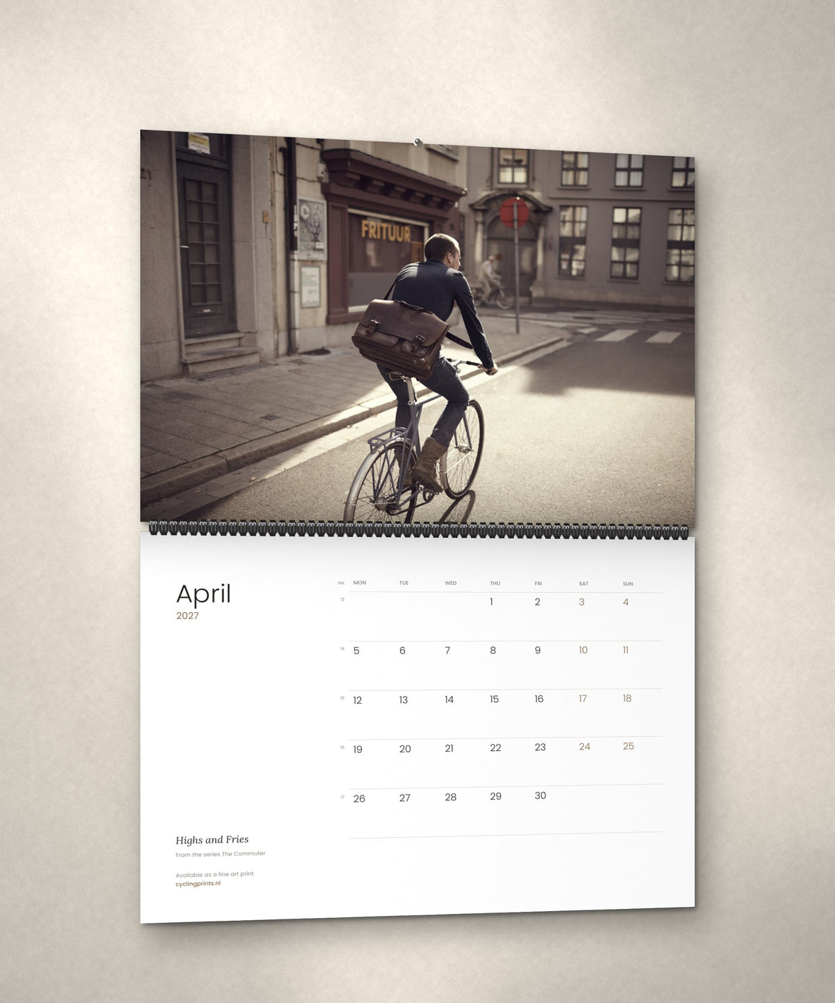 April 2027 – Highs and Fries, a page from The Commuter cycling photography wall calendar by Ryan Edy