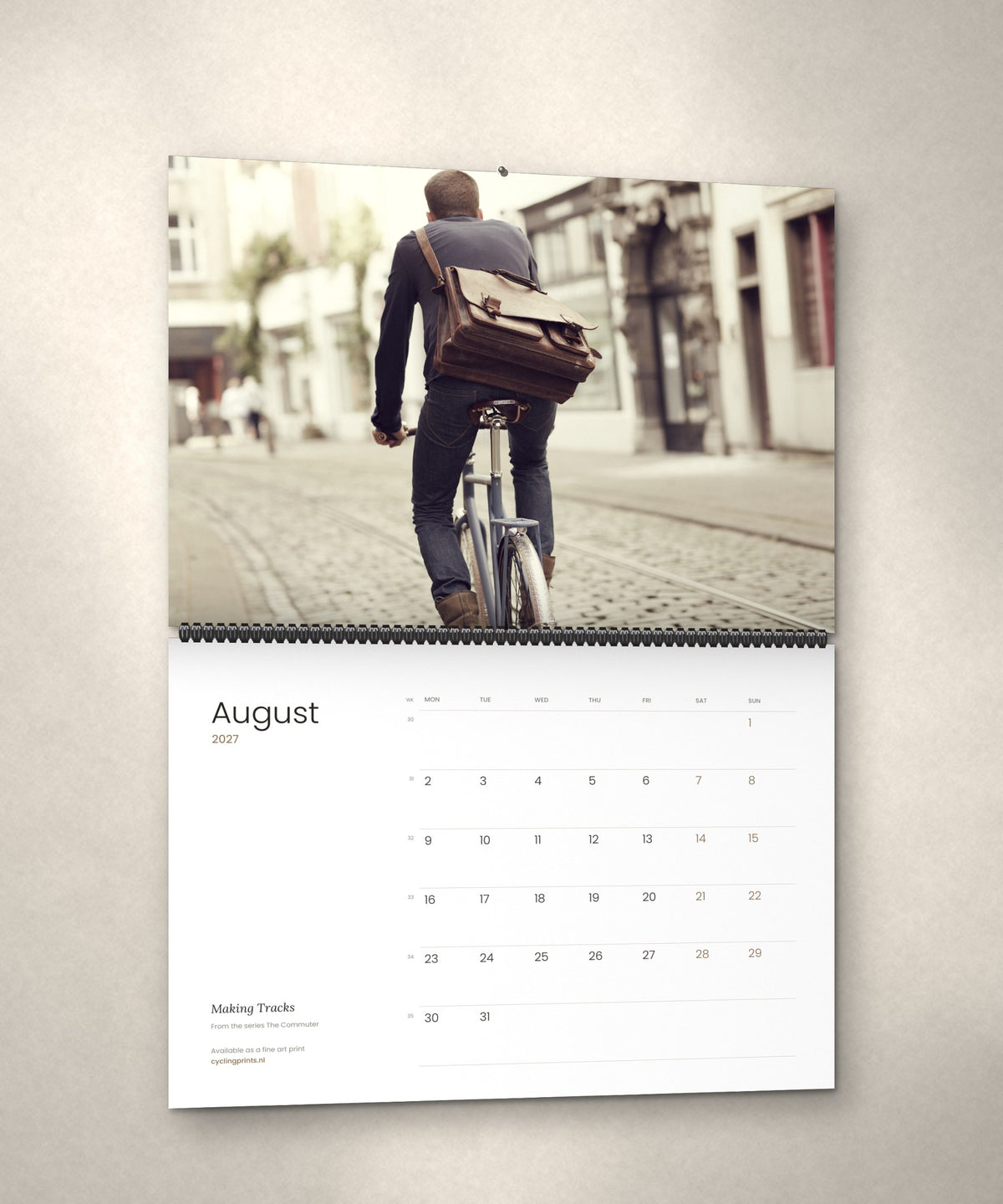 August 2027 – Making Tracks, a page from The Commuter cycling photography wall calendar by Ryan Edy