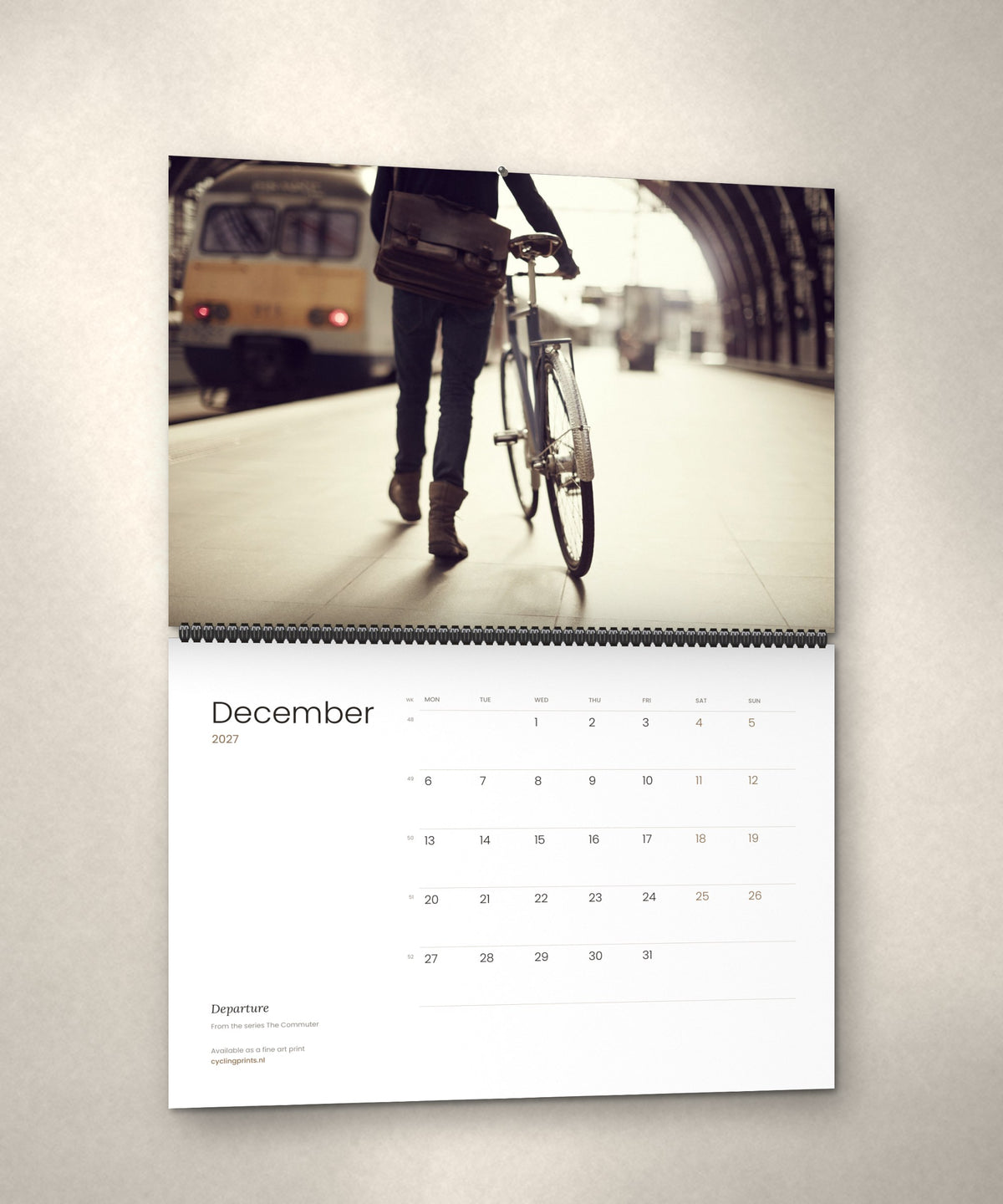 December 2027 – Departure, a page from The Commuter cycling photography wall calendar by Ryan Edy
