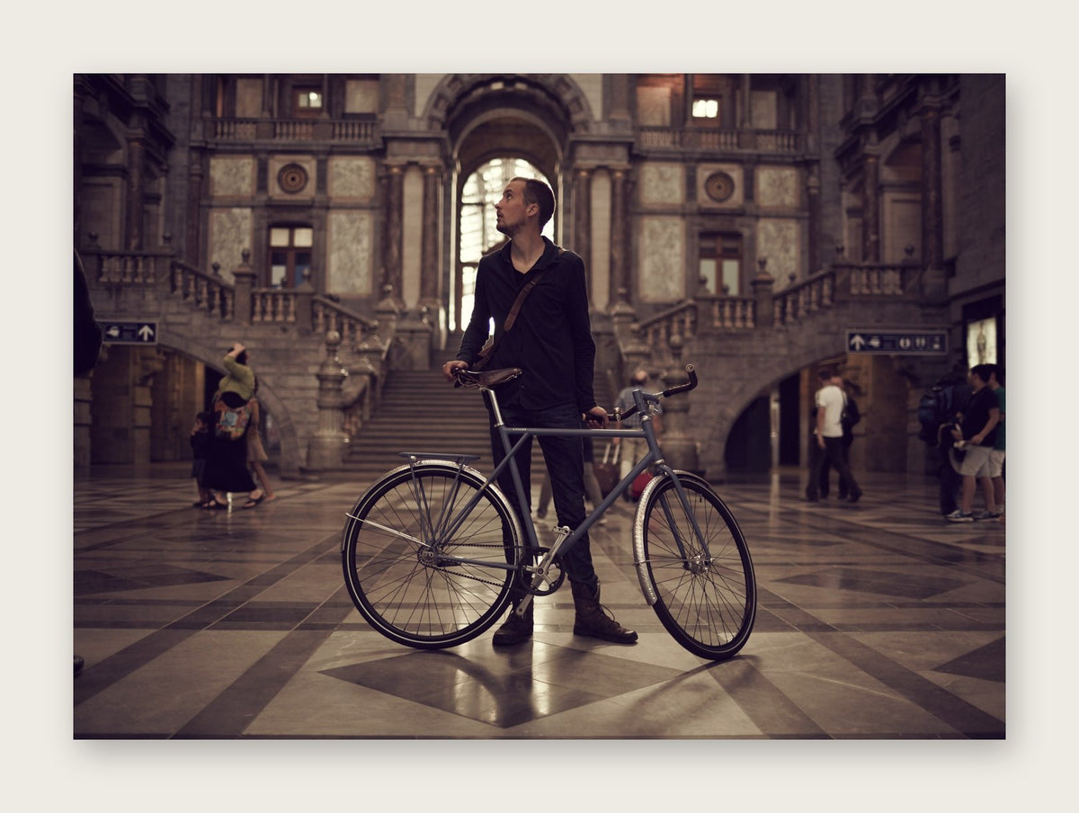The Arrival – The Commuter fine art cycling greeting card by Ryan Edy