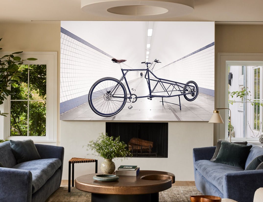 Detail shot from the 'Tunnel Vision I' cargo bike photography showing the bespoke Elian Cargo bike - cycling wall art by Cyclingprints.nl