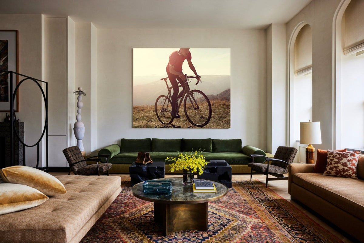 Detail shot from the 'Above & Beyond' cyclocross cycling print showing the bespoke Elian Cyclocross bike - cycling wall art by Cyclingprints.nl