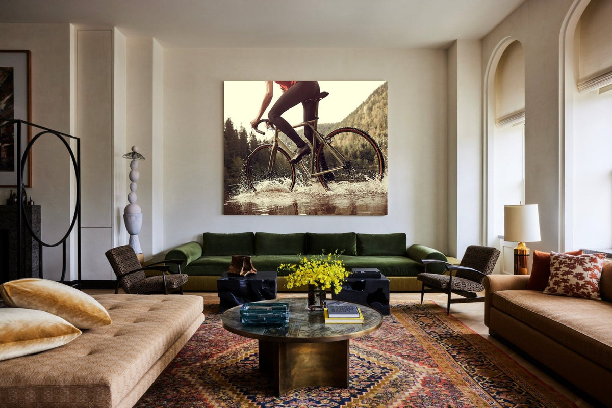 Detail shot from the 'Brake for fish' cyclocross cycling print showing the bespoke Elian Cyclocross bike - cycling wall art by Cyclingprints.nl