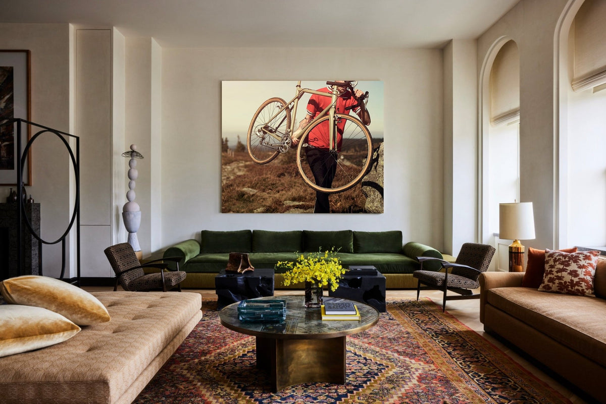 Detail shot from the 'Carry On' cyclocross cycling print showing the bespoke Elian Cyclocross bike - cycling wall art by Cyclingprints.nl