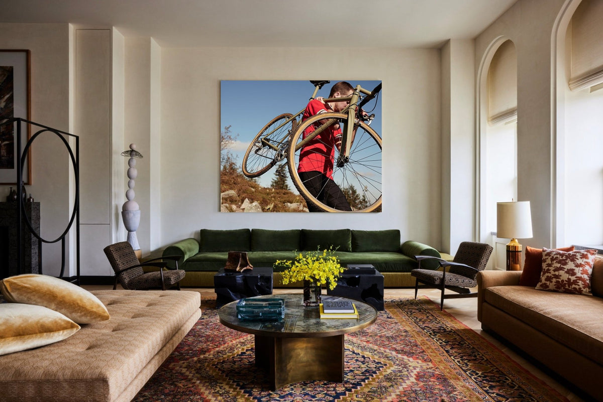 Detail shot from the 'Grab n Go' cyclocross cycling print showing the bespoke Elian Cyclocross bike - cycling wall art by Cyclingprints.nl