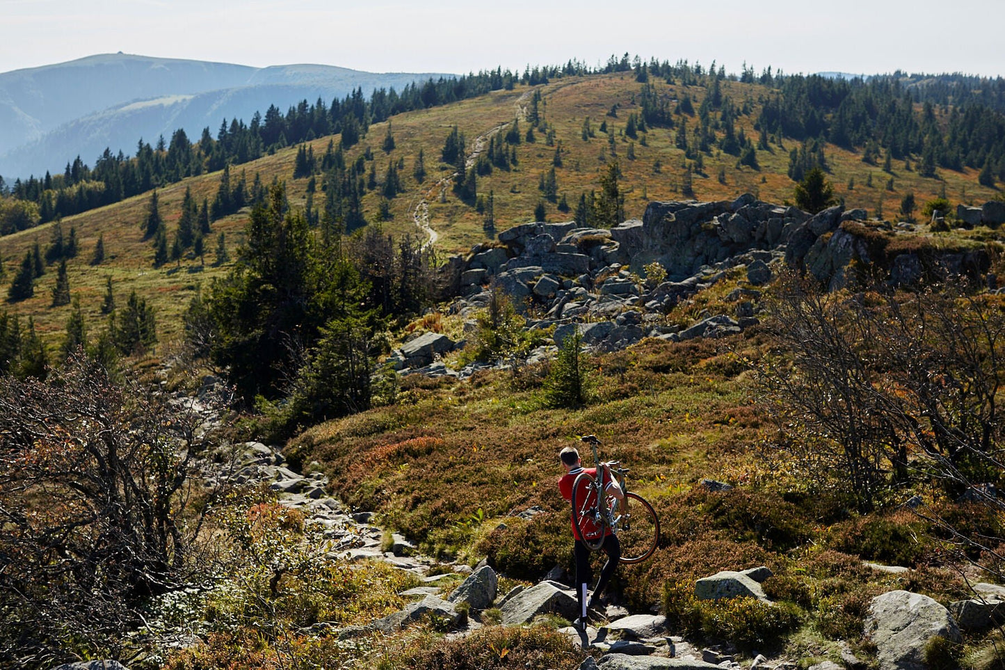 Hail the Trail, hand-built cyclocross bike riding on a rocky trail in France, fine art cycling photography by Ryan Edy.