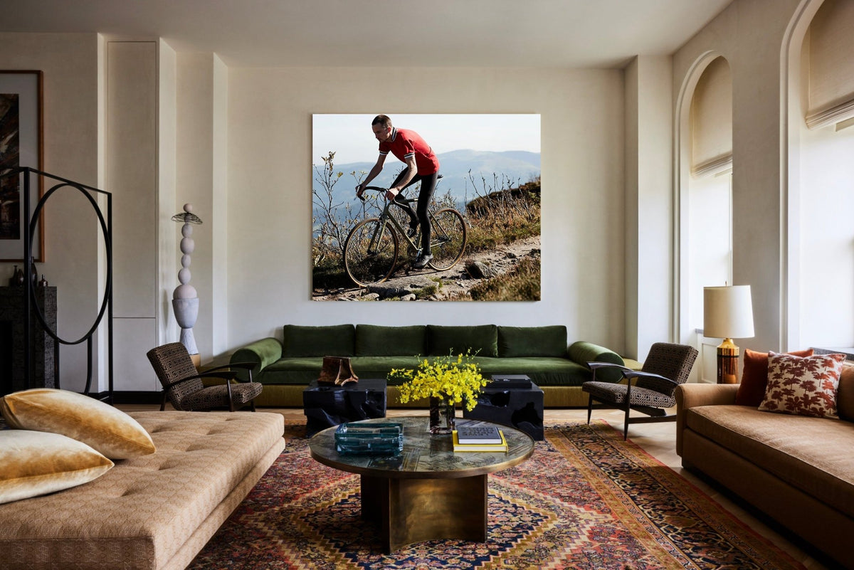 Detail shot from the 'Rocky Roads' cyclocross cycling print showing the bespoke Elian Cyclocross bike - cycling wall art by Cyclingprints.nl