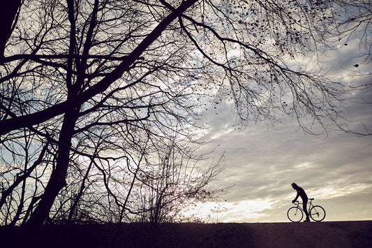 Nederlandse Wielerfotografie 'Kiss the Sky' - Albert, een 82-jarige wielrenner, op zijn op maat gebouwde stalen fiets langs de Waal- en Lekdijken, Nederland, fine art print door Cyclingprints.nl
