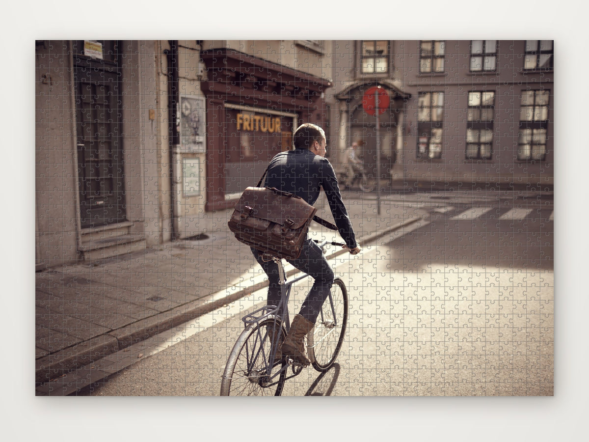 Highs and Fries – completed 1000-piece cycling jigsaw puzzle, The Commuter by Ryan Edy
