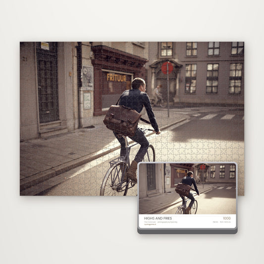 Highs and Fries – 1000-piece cycling jigsaw puzzle and branded gift tin, The Commuter by Ryan Edy
