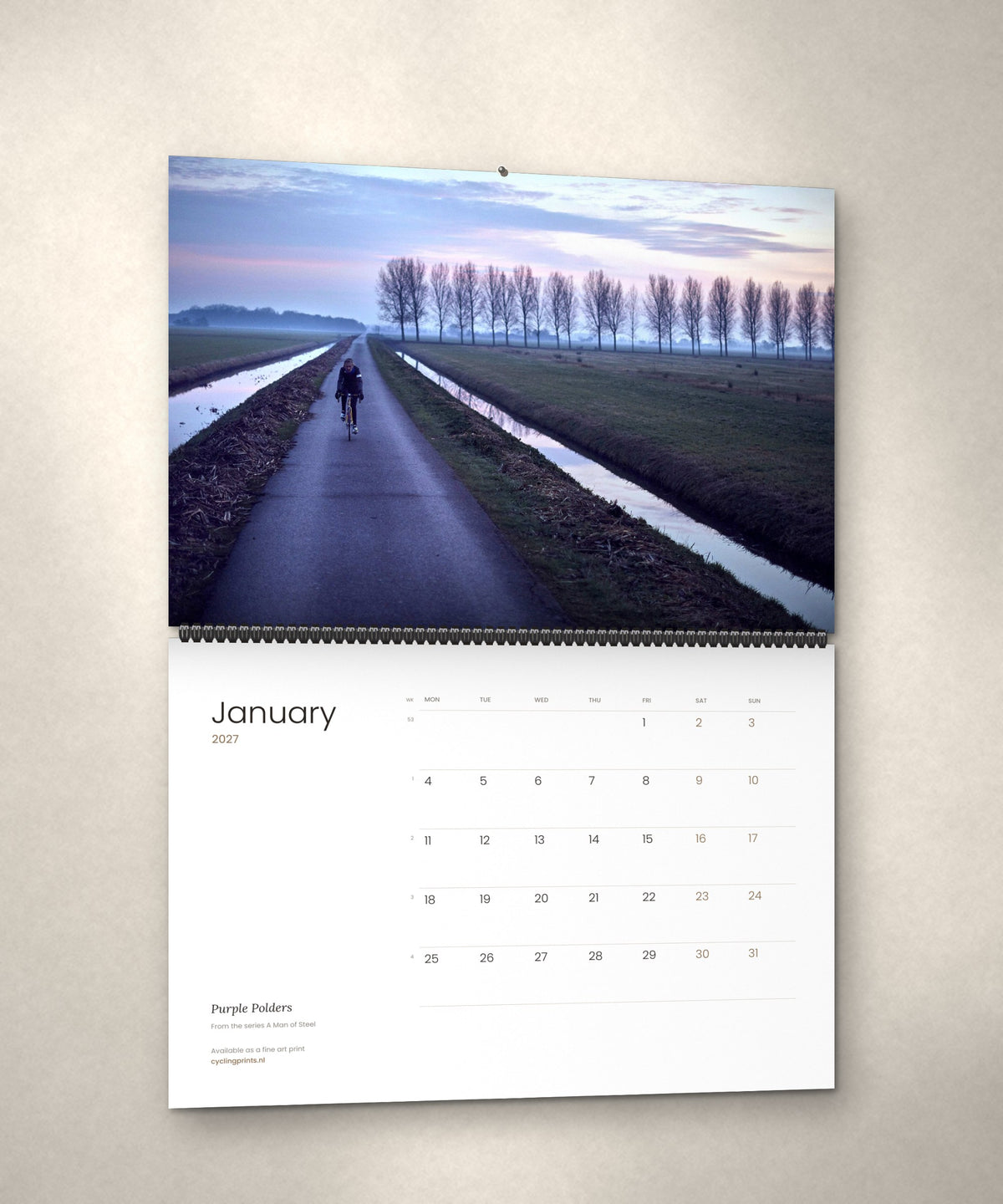 January 2027 – Purple Polders, a page from the A Man of Steel cycling photography wall calendar by Ryan Edy