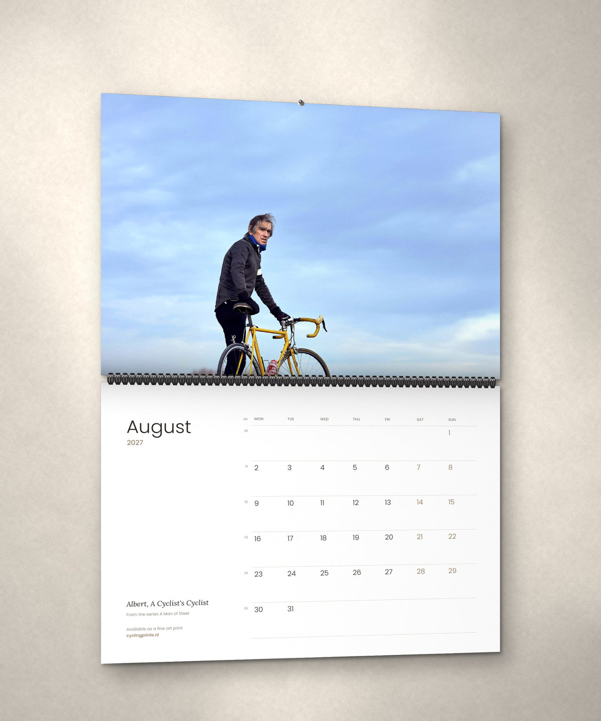 August 2027 – Albert, A Cyclist's Cyclist, a page from the A Man of Steel cycling photography wall calendar by Ryan Edy