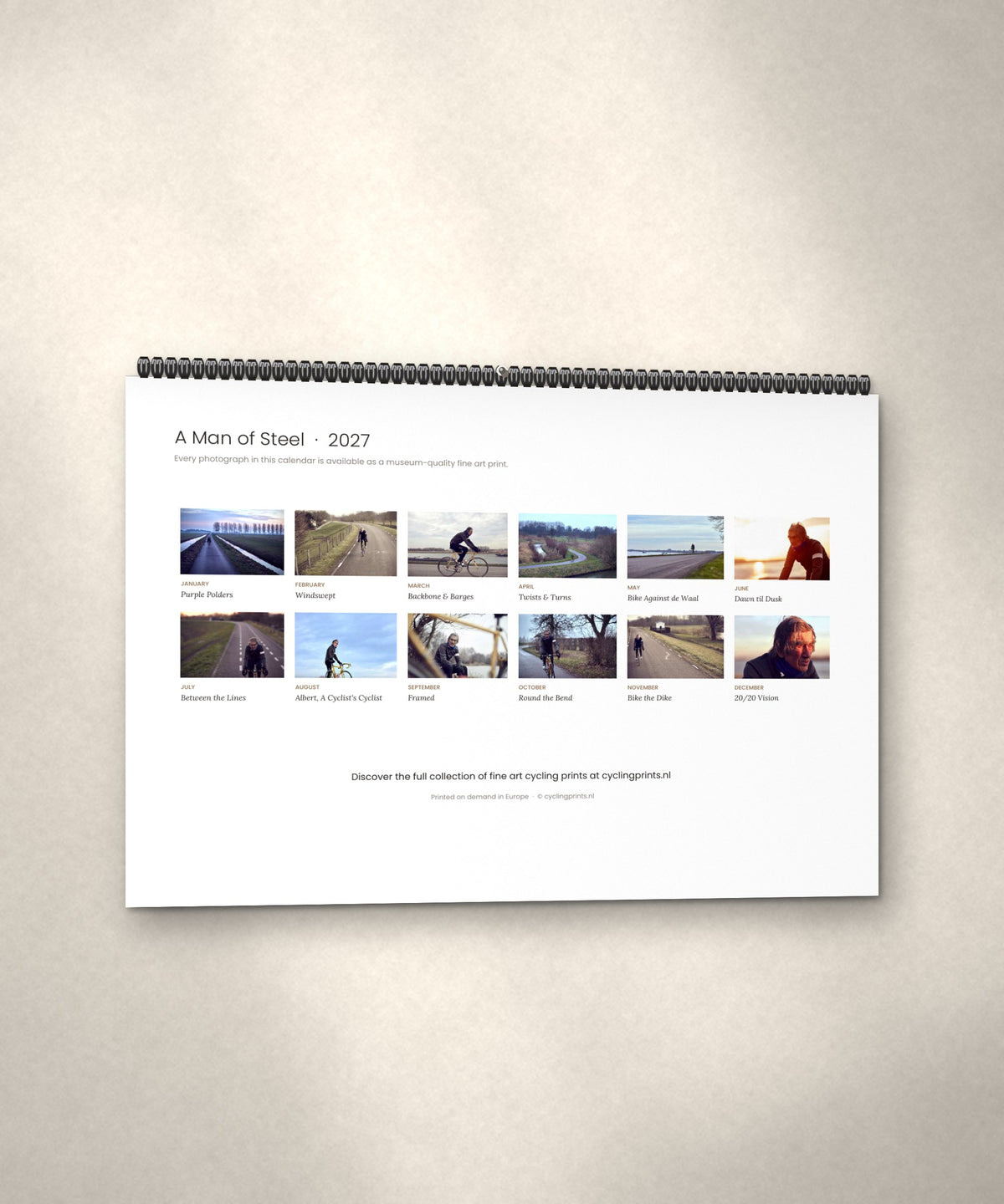 A Man of Steel 2027 cycling calendar – back cover showing all twelve photographs