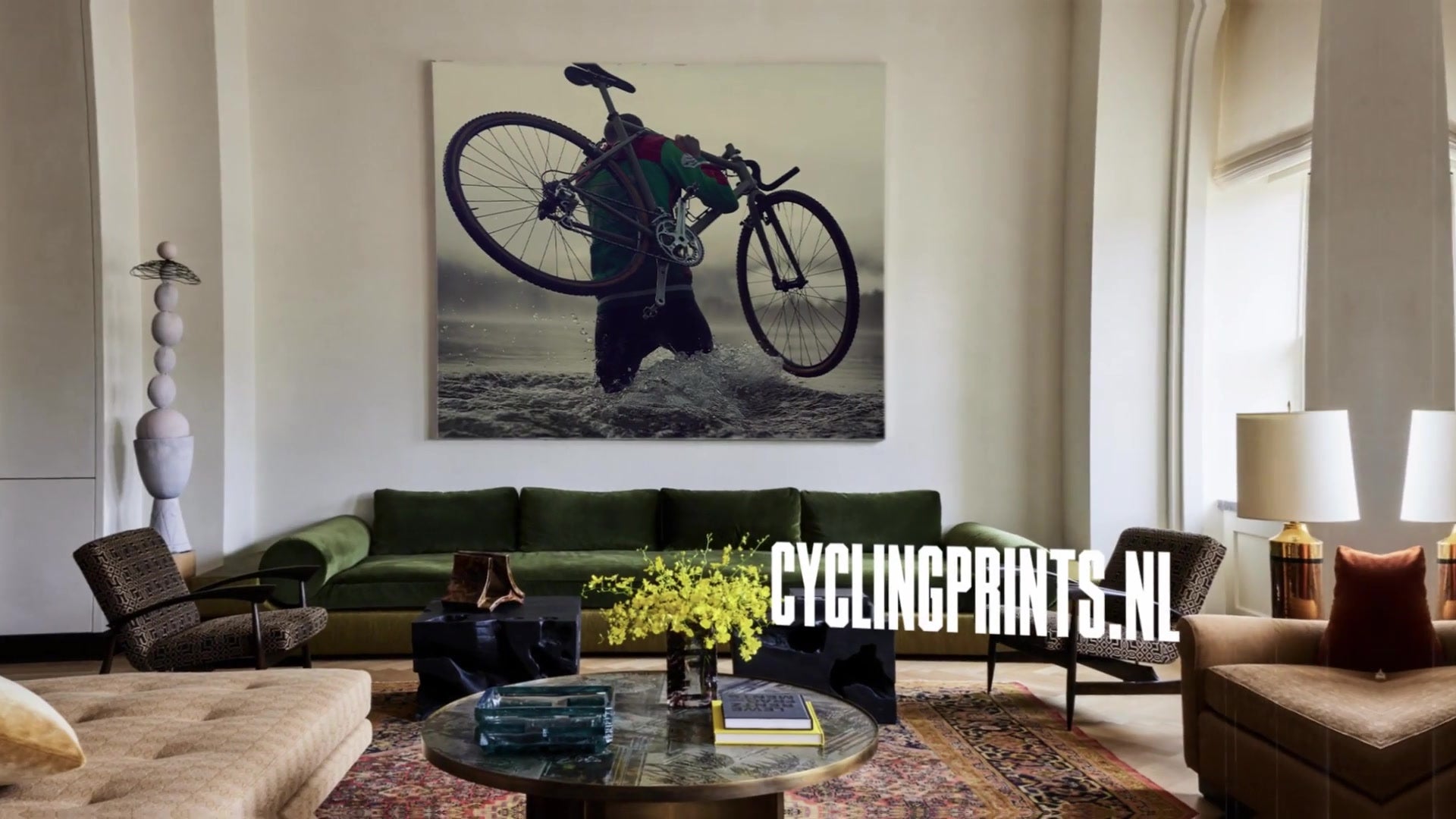 Cyclingprints.nl fine art cycling photography prints, shown on a living room wall